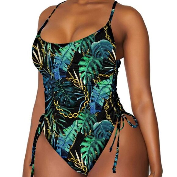 Viottiset Women's Turquoise Black One Piece High Cut Swimsuit Size: Medium - Picture 5 of 5